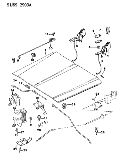 1991 Jeep Comanche Hood, Latch And Hinges Diagram