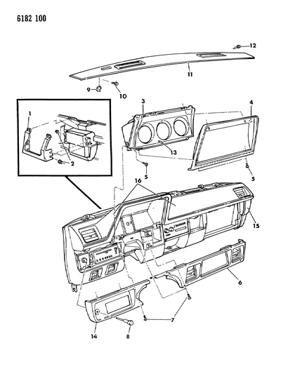 1986 Dodge Omni Instrument Panel Cluster, Bezels & Pad Diagram