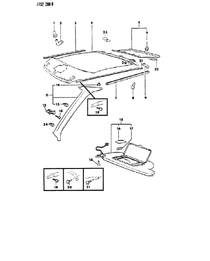 1987 Chrysler Conquest Headliner, Mouldings & Sunvisor Diagram