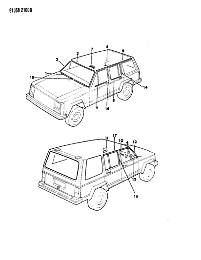 1991 Jeep Cherokee Mouldings, Exterior - Upper Diagram 1