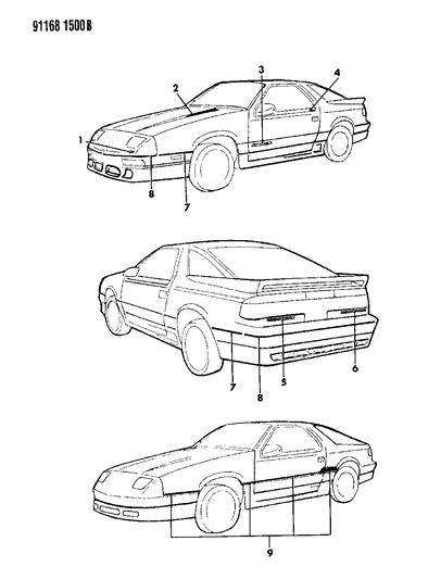 1991 Dodge Daytona Decals - Exterior View Diagram