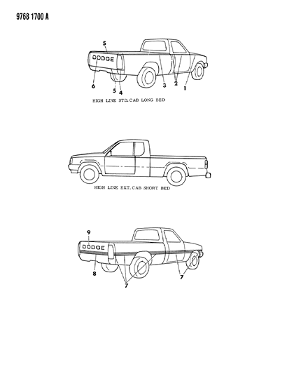 1989 Dodge Ram 50 Tape Stripes & Decals - Exterior View Diagram