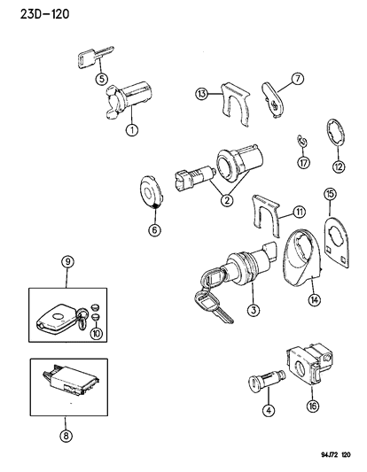 1994 Jeep Cherokee Lock Cylinders & Keys Diagram