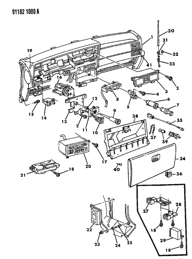 1991 Dodge Spirit Instrument Panel Pad, Controls, Radio & Antenna Diagram