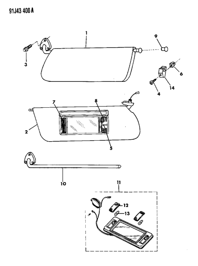 1991 Jeep Cherokee Visors & Vanity Mirrors Diagram