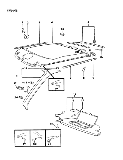 1989 Chrysler Conquest Headliner, Mouldings & Sunvisor Diagram