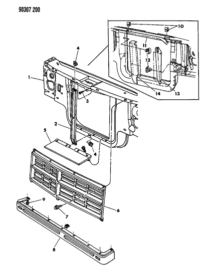 1990 Dodge Dakota Grille & Related Parts Diagram