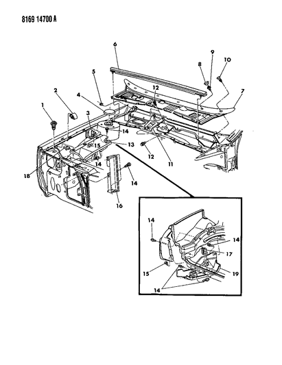 1988 Chrysler New Yorker Cowl Screen & Engine Shield Diagram