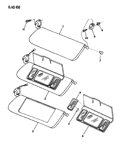 1990 Jeep Comanche Sunvisors & Vanity Mirror Diagram