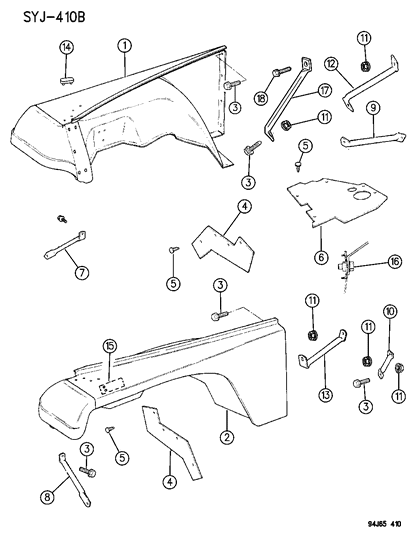 1994 Jeep Wrangler Fenders, Front Diagram