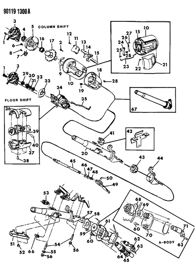 1990 Chrysler Town & Country Column, Steering, Upper And Lower Without Tilt Diagram