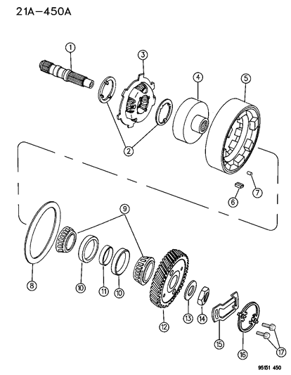 1995 Chrysler Town & Country Shaft - Output With Rear Carrier , Reverse Drum & Overrunning Clutch Diagram