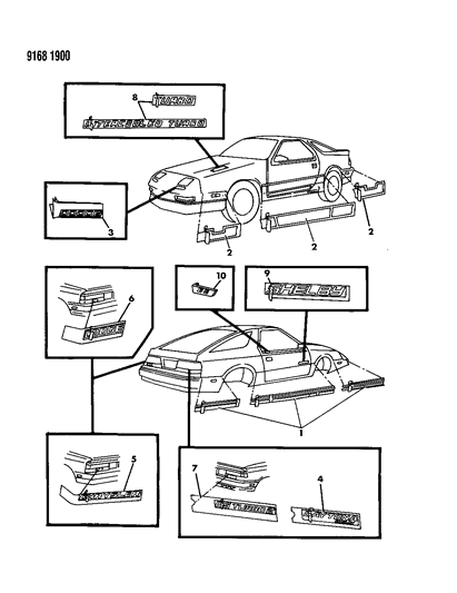 1989 Dodge Daytona Tape Stripes & Decals - Exterior View Diagram