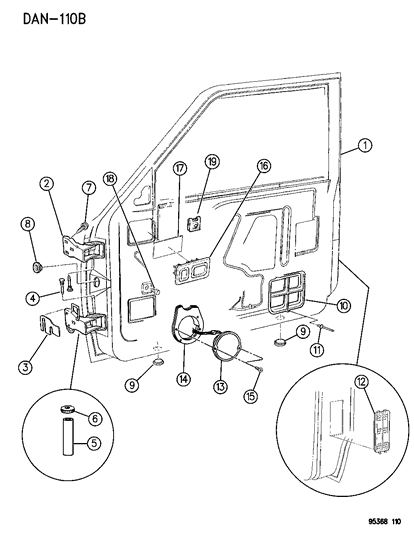 1995 Dodge Dakota Door, Front Shell & Hinges Diagram