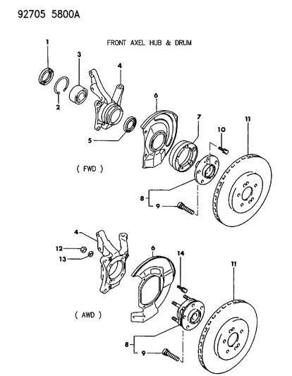 1993 Dodge Stealth Brake, Disc And Bearings, Front Diagram