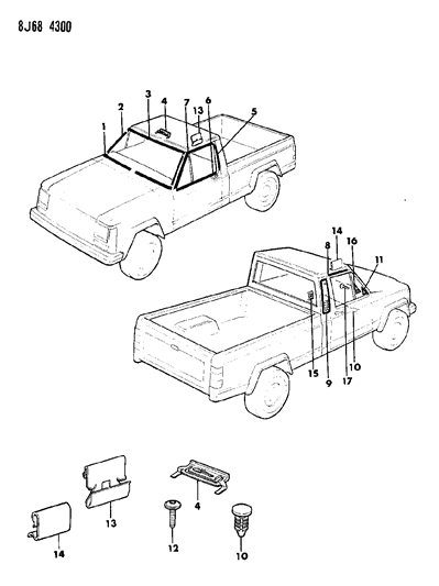 1987 Jeep Comanche Mouldings, Exterior - Upper Diagram