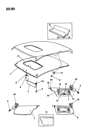 1988 Dodge Shadow Headliner-Visor & Shelf Trim Diagram