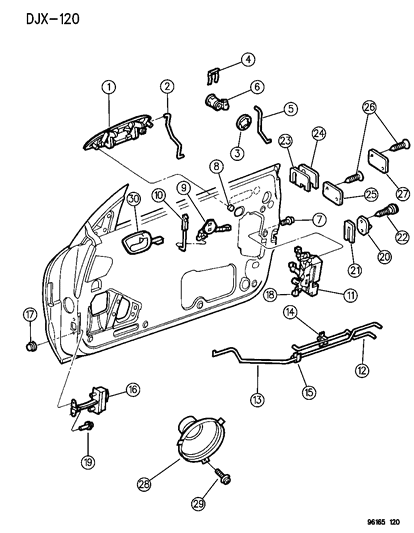 1996 Chrysler Sebring Convertible Door, Front Handle, Latch, Speakers Diagram