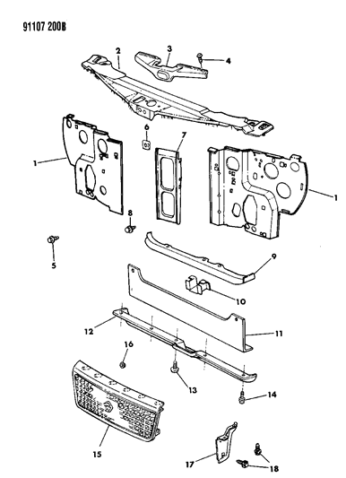 1991 Chrysler LeBaron Sedan Grille & Related Parts Diagram