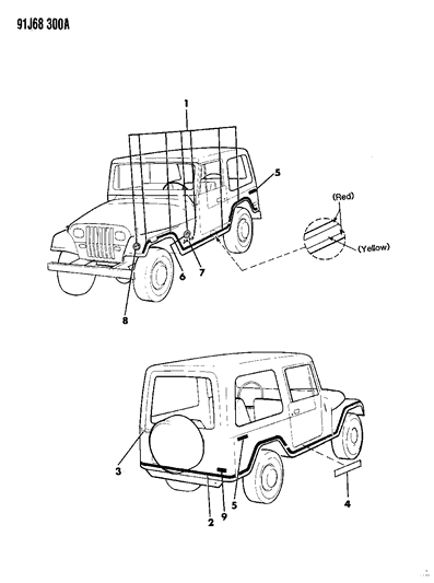 1991 Jeep Wrangler Decals, Bodyside And Rear Diagram 1