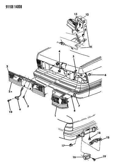 1991 Dodge Spirit Lamps & Wiring - Rear Diagram