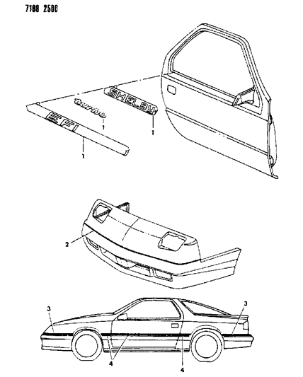 1987 Dodge Daytona Tape Stripes & Decals - Exterior View Diagram