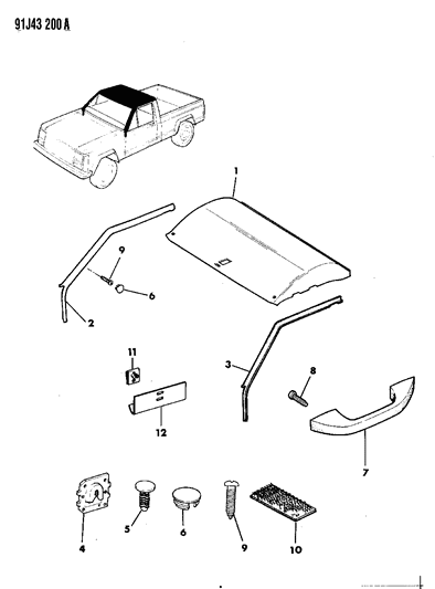 1992 Jeep Comanche Headliner & Upper Trim Mouldings Diagram