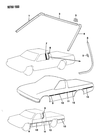 1990 Dodge Ram 50 Mouldings - Exterior View Diagram