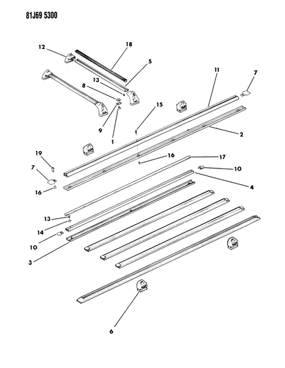 1984 Jeep Wagoneer Pad Slide Rail Roof Rack Diagram for 55000222