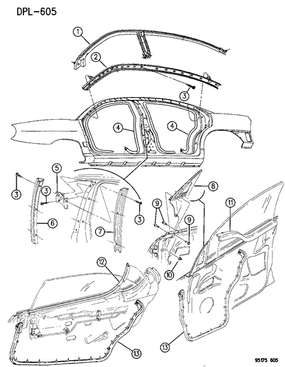 1995 Dodge Neon Door, Front & Rear Weatherstrips & Seal Diagram