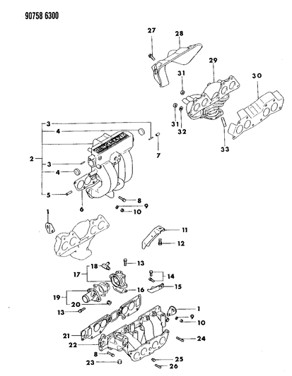 1990 Dodge Ram 50 Manifolds - Intake & Exhaust Diagram 1