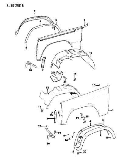 1987 Jeep Cherokee Fenders, Front Diagram