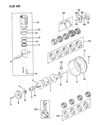 1986 Jeep Cherokee Crankshaft , Flywheel And Piston Diagram 2