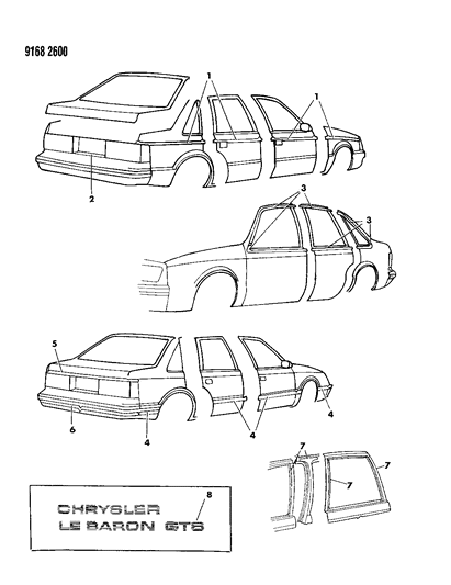 1989 Dodge Lancer Tape Stripes & Decals - Exterior View Diagram 1