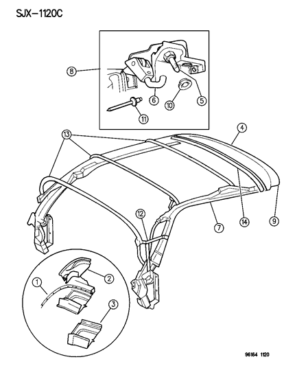 1996 Chrysler Sebring Rail, Header And Latch Assembly Diagram