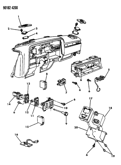 1990 Chrysler New Yorker Instrument Panel Switches, Controls & Speakers Diagram