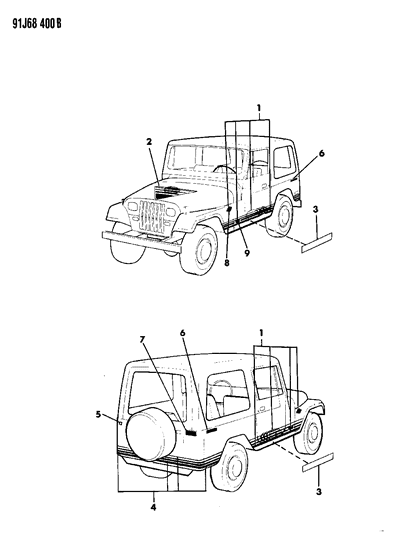 1992 Jeep Wrangler Decals, Bodyside And Rear Diagram 2