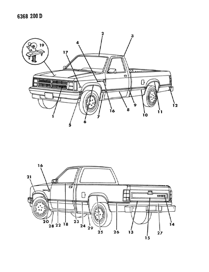 1987 Dodge Dakota Mouldings & Name Plates - Exterior View Diagram