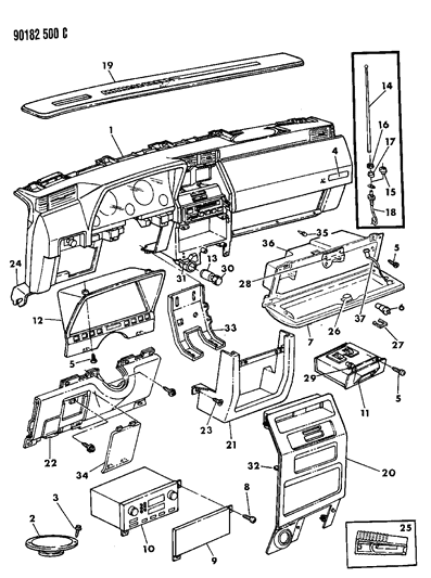 1990 Dodge Shadow Instrument Panel Radio, Bezels, Glovebox, Antenna Diagram
