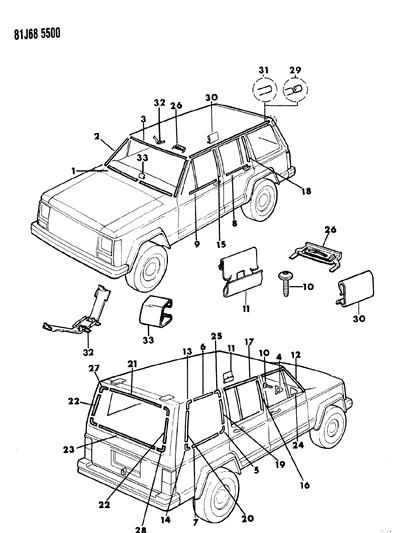 1985 Jeep Cherokee Mouldings, Exterior - Upper Diagram 3