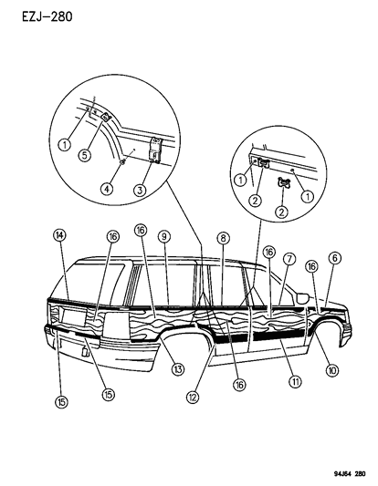 1996 Jeep Grand Cherokee Woodgrain Mouldings & Woodgrain Overlay Diagram