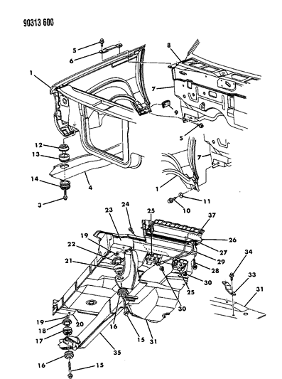 1990 Dodge Dakota Body Hold Down & Front End Mounting Diagram