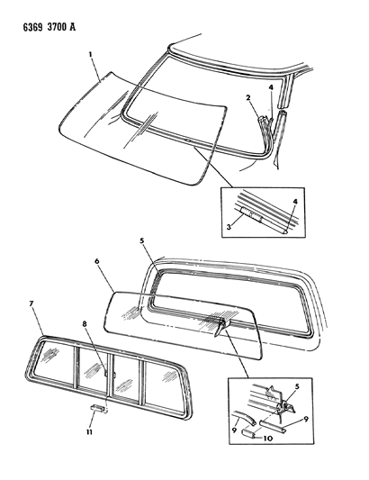 1986 Dodge D250 Windshield & Backlite Diagram