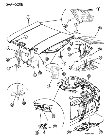 1994 Chrysler LeBaron Sedan Hood & Hood Release Diagram
