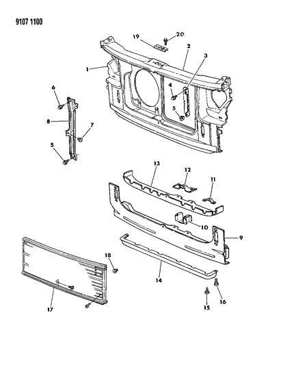 1989 Dodge Grand Caravan Grille & Related Parts Diagram