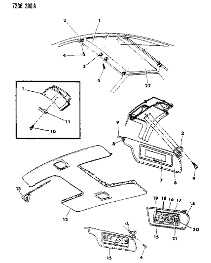 1987 Dodge Daytona Headlining & Visor Front Diagram