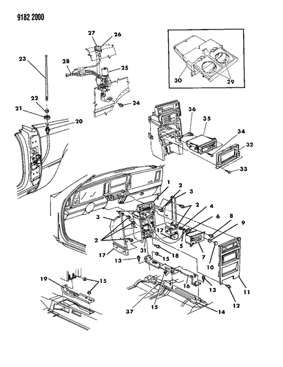 1989 Chrysler LeBaron Instrument Panel Console, Radio, Disc Player & Antenna Diagram