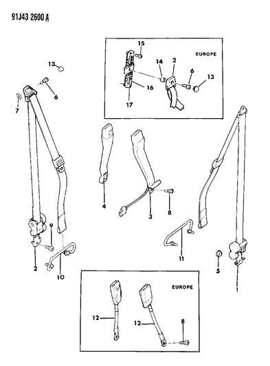 1991 Jeep Cherokee RETRACTOR-Front Seat RH Diagram for 5CF62KA8