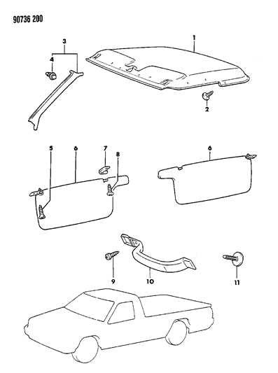 1990 Dodge Ram 50 Headliner, Mouldings, Visor & Assist Strap Diagram 1