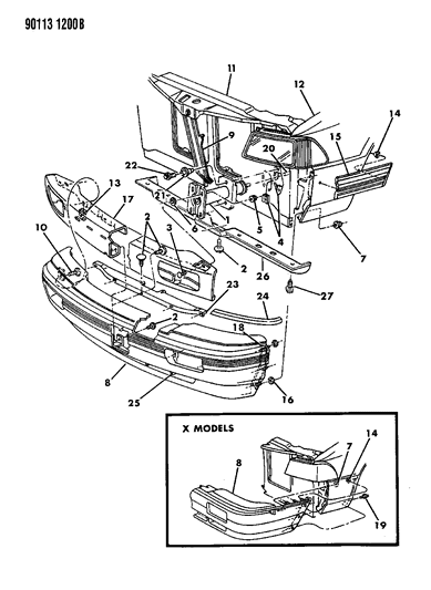1990 Chrysler LeBaron Sedan Fascia, Front Diagram